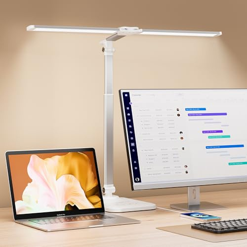 CHARYJOD Doppelkopf Schreibtischlampe LED Dimmbar, Dehnbare LED Schreibtischlampe,Schreibtisch Lampe hat 5-Farbtemperaturen und 10-Helligkeitsstufen, USB-Ladeanschluss (Silber)