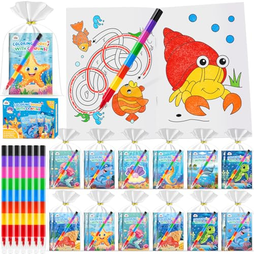 ZMLM Mini Libri da Colorare con Pastelli a Cera regalini fine festa compleanno, gadget compleanno bambini per 4 a 8 Anni Attività Artistich (Mare, 24)