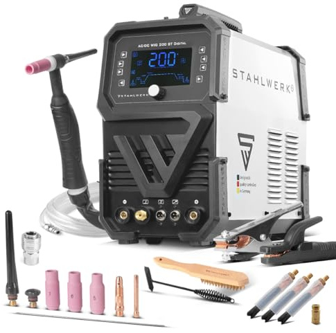 STAHLWERK Schutzgasschweißgerät 3-in-1 AC/DC WIG 200 ST Digital bis 200 A | WIG & MMA (E-Hand/ARC), Clean-Modus zur elektrochemischen Reinigung von Edelstahlschweißnähten, HF-Zündung und Spot