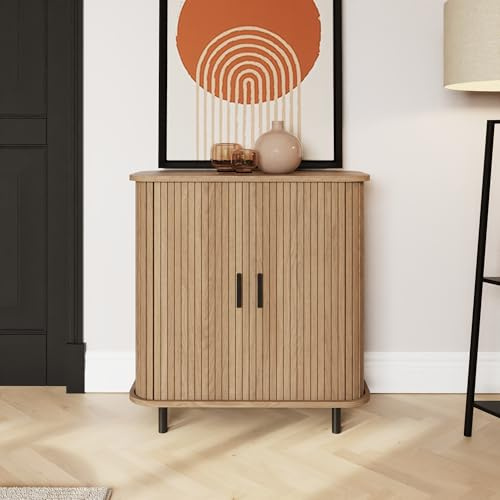 GFW Omari Compact 2 Door Sideboard with Slatted Doors, Oak Effect Storage Cabinet with Metal Legs for Living Room, Dining Room or Hallway