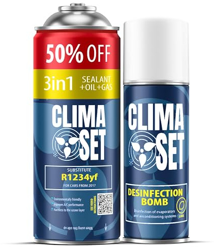 ClimaSet - Recharge climatisation 3 en 1 R 1234yf, Huile, Produit Anti-fuites XL et nettoyant climatisation - Kit de Recharge de Gaz pour Climatisation pour Automobile - 235 g