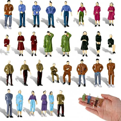 Thinp 30 Stück Miniatur Figuren, Maßstab 1:50 Kleine Figuren Miniatur Menschen Bemalte Mini Menschen Museum Sitzende Und Stehende für Architekturprojekte Miniaturszenen Puppenhauszubehör(Multicolor)
