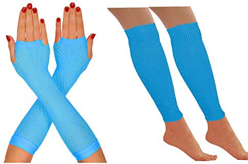 Beinstulpen und Fischnetzhandschuh-Set, Neonfarben, 1980er-Jahre, Kostüm-Accessoire, lustiges Laufen, Party, Event, Türkis