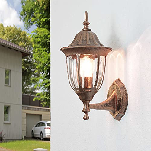 Licht-Erlebnisse Outdoor Wandleuchte Glas Aluminium in Kupfer Antik IP44 Balkon Terrasse B:16,5 cm E27 Laterne nostalgische Außenlampe Rustikal MILANO