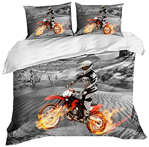 Stillshine Bettwäsche Einzelbett 135x200 3D Urban Harley Formelrennen Geländemotorrad Wüstenrennende Flamme Mehrfarbig Bettbezug und Kissenbezug Student Teenager Junge Mädchen