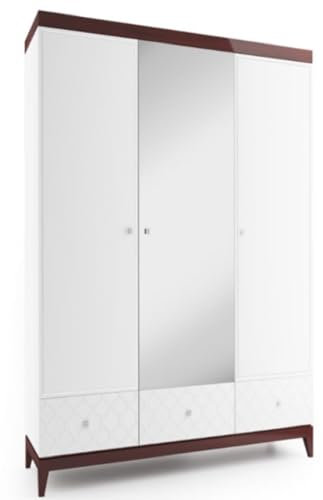 Casa Padrino Luxus Kleiderschrank Weiß/Hochglanz Braun 171,4 x 60 x H. 205 cm - Massivholz Schlafzimmerschrank mit Spiegel - Schlafzimmermöbel