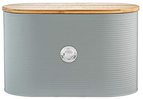 Typhoon Pebble Grery Ribbed Bread Bin Crock Storage Container With Bamboo Lid, 10.5 Litre - W34 x D11 cm x H20.5 cm
