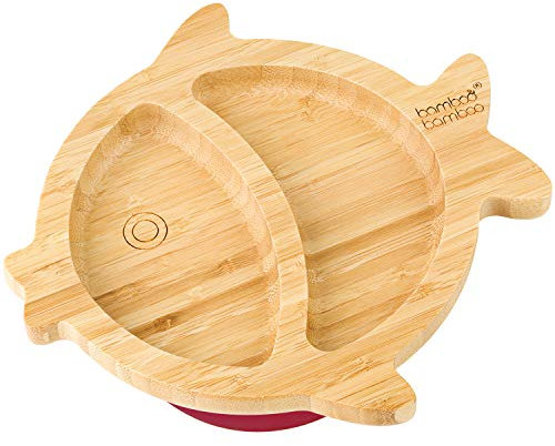 bamboo bamboo Baby E Piatto Bambini Piatto Bambù Pesce Con Suzione Sicura Per Pasti E Svezzamento Antiscivolo Per Neonati Da 6 Mesi (Pesce, Ciliegia)