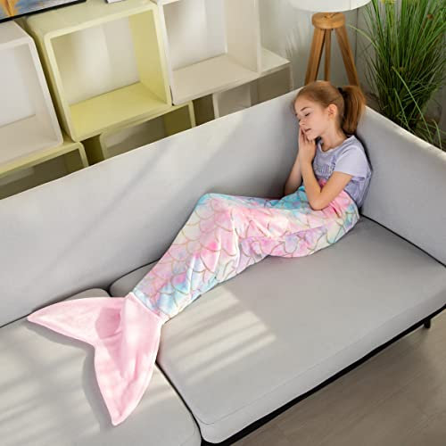 Meerjungfrauenschwanz-Decken, glitzernd, weiches Flanell, Regenbogenfarben, bunt, Meerjungfrauenschwanz für Kleinkinder, Mädchen, Geschenke