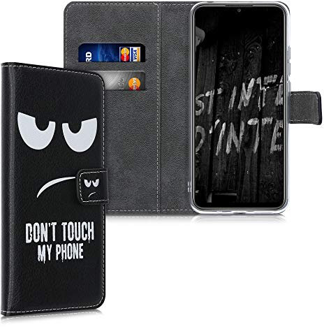 kwmobile Wallet Case kompatibel mit Xiaomi Redmi 9A / 9AT Hülle - Cover mit Ständer und Kartenfächern - Don't Touch My Phone Weiß Schwarz