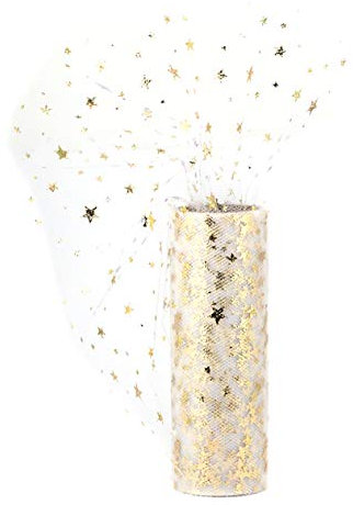 Tüll Stoff 9m x 15cm Sterne weiß/gold Rolle transparent zum Basteln von Tüllröcken und Kostümen