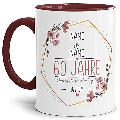 Tasse zum Hochzeitstag Diamantene Hochzeit - mit Name & Datum selbst gestalten - 60 Jahre Ehe, Paar, Geschenk Hochzeit, Jubiläum, Jahrestag I Personalisiert, Keramik Innen & Henkel Weinrot 300 ml