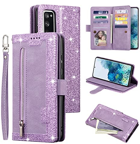 EYZUTAK Handyhülle für Samsung Galaxy S20 FE 5G Hülle,Flip Case Lederhülle Reißverschluss Magnetverschluss Brieftasche mit 9 Kartenfächern Standfuntion Retro Matt Ledertasche-Glitzer Lila