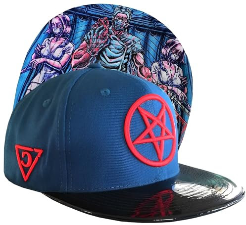 Capiche [99+ Designs] Blauer und Schwarzer Snapback, Cursed Doctor, Psycho, Rotes Pentagramm Logo, Medizinischer Horrorbild Design, Chirurgie, Abschluss Hut, Cappy Mann