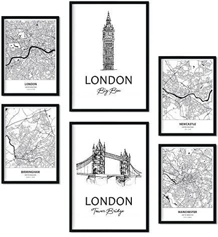 Nacnic Set 6 posters de UK. Affiches de cartes et monuments en noir et blanc pour votre maison, entreprise et bureau. Décoration intérieure de style nordique. Formats A4 et A3. Sans cadre.