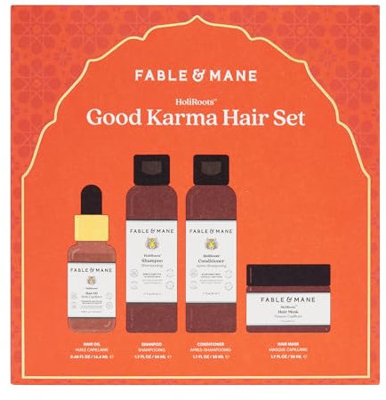 Fable and Mane HoliRoots Good Karma Hair Care Gift Set. Contains HoliRoots Hair Oil 14.4ml, Hydrating Shampoo 50ml, Hair Conditioner 50ml, Hair Mask 50ml - Genuine Fable & Mane Hair Products