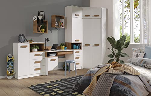Marmex Kinderzimmer Komplettes Set Grant 10, im Set: Eckschrank + Hohes Standregal mit Verlängerung, Kommode mit 4 Schubladen, Schreibtisch 110 cm, Regale - Farbe Weiß + Riviera Eiche