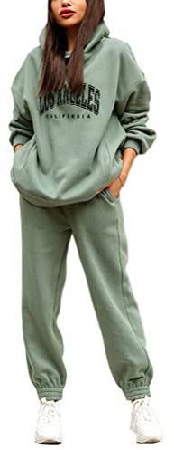 Tomwell Jogginganzug Damen Lässig Trainingsanzug Set mit Kapuzen Kordelzug Freizeitanzug für Herbst Winter A Grün M
