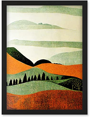 Doppelganger33 LTD Abstract Eclectic Tangerine And Olive Nature Landscape Linocut Minimalism Drawing Artwork Framed Wall Art Print A4