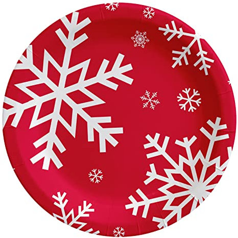 Piatti Rotondo Dessert Cartone 18 cm - Stoviglie Natale a tema fiocco di neve rosso - Confezione da 8 pezzi - Natale (piatto dessert rosso)