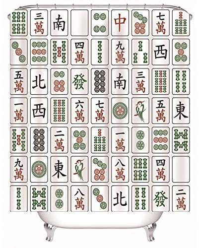 EHOMERY Duschvorhang Clips Duschrollo Halterung Mahjong-Muster Polyester Rostfreie Ösen Und 12 Hakenringe, 90X180Cm