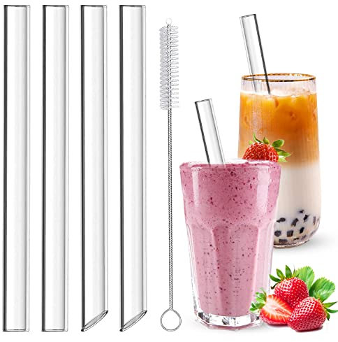 HXC 4 Stück Bubble Tea Strohhalme Glas 14MM Exra Dicke Strohhalme Glas Bubble Tea Strohhalme Wiederverwendbar Boba Tea Glasstrohhalme mit Reinigungsbürsten für Smoothie Säfte 21.5cm
