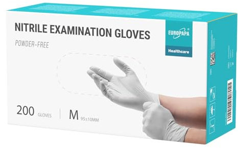 EUROPAPA® Lot de 200 gants jetables en nitrile non poudrés EN455 EN374 - Sans latex - Tailles S, M, L et XL (M, Blanc)