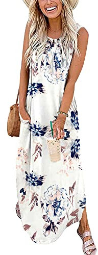 AUSELILY Damen Sommer Blumen Maxikleid Ärmellos Strandkleider Lose Lang Rundhals Hemdkleid mit Schlitz Blumen Weiß L