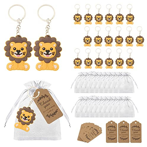 Pilikoll 20 Pezzi Portachiavi Leone con Sacchetto in Organza e Etichette Kraft Portachiavi Baby Shower Regalo Gli Ospiti per Ragazza Kid Compleanno Party Fornitura