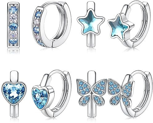 JeweBella 4 Paar Kleine Creolen Silber Set für Damen Mädchen Ohrringe Silber Herz Stern Schmetterling Zirkonia Hypoallergen Creolen Kinder Rosa Lila Blau Kinder Ohrringe Mädchen