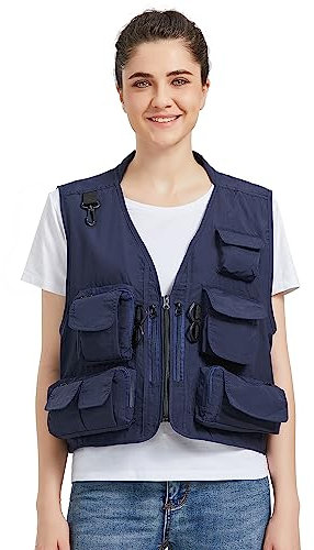 Ziker Damen Mesh Atmungsaktive durchbrochene Reisende Fotograf Angeln Weste Weste Reisejacke Mantel Mit Taschen, New Navy, L