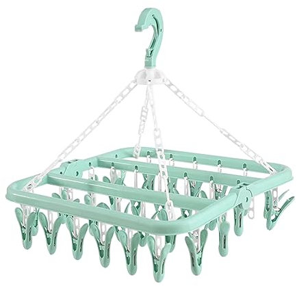 HKzzy Clothes Airer, 32 Clips PP Plastic Foldable Drying Rack for T-shirts, Pants, Underwear, Coat, Socks etc., Green
