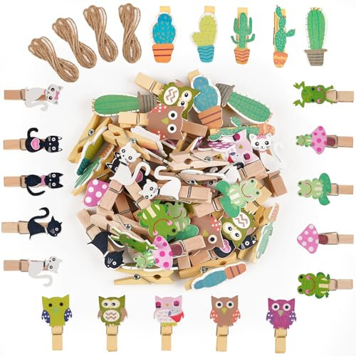 Svalor 40 Stück Mini Holzklammern, 3.5cm Klein, Dekoklammern Mit 4 Motiv für Fotos, Bilder, Collagen, Postkarten, Geschenke