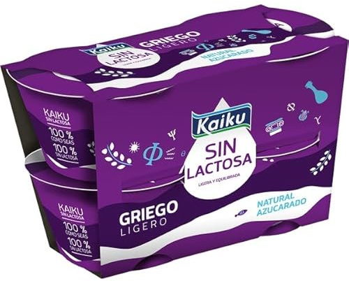 (6 PACK) DE 4 x 90 g. KAIKU Yogur griego ligero Sin lactosa SABORES VARIOS (REFRIGERADO) (NATURAL AZUCARADO)