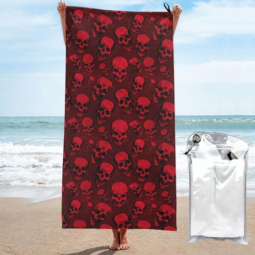 OPSREY Red Skulls bedrucktes Mikrofaser-Badetuch, schnell trocknend, Strandtuch, saugfähig, Turnhalle-Handtuch mit Tragetasche