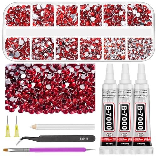 GLARKS Rhinestone Gems Kit, 2600Pcs Red Rhinestones with Gems Adhesive Flat Back Gems Crystal Rhinestones with 6Pcs Dotting Tools for Craft, Nail Art