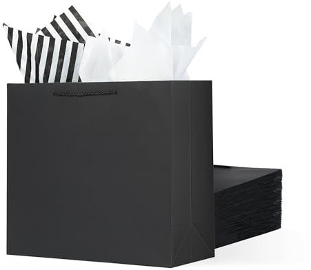 Offizon 12 schwarze Geschenktüten, 32,5 cm, große Geschenktüten mit Seidenpapier