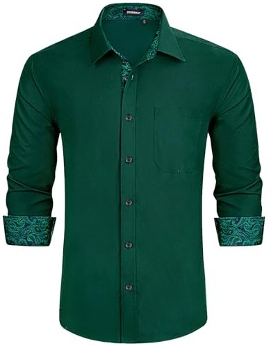 HISDERN Mens Long Sleeve Dress Shirt Button Down Green Stretch Smart Shirt for Men Adult Regular Fit Designer Formal Business Wedding Non Iron with Pockets,Dark Green,XL