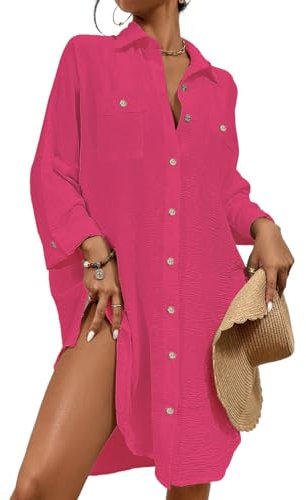 Bsubseach Donna Costume da Bagno Cover Up Dress Camicia Estiva Button Down Lino Beach Coverup Top Resort Wear Rose Red L