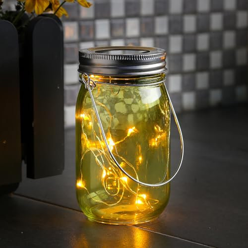 LED Solar Glas - Windlicht - mit Drahtlichterkette - Lichtsensor - H: 14cm - D: 8cm - grün