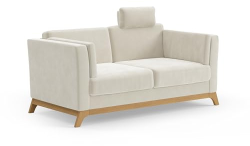 Cavadore 2,5er-Sofa Vida / 2,5-Sitzer Couch im trendigen Design mit massivem Holzrahmen in Eiche, Kopfstütze mit Kuschelkissen / 183 x 84 x 93 / Mikrofaser, Naturweiß
