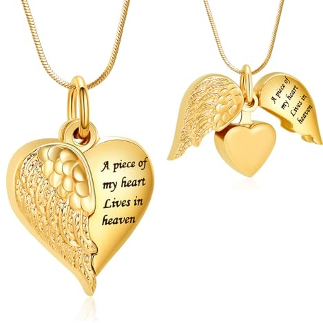 Minicremation Collar Urna con Cenizas en Forma de Corazón Joyería Crematoria con Alas de Ángel para Mujeres y Hombres, Recuerdo Conmemorativo de Cenizas