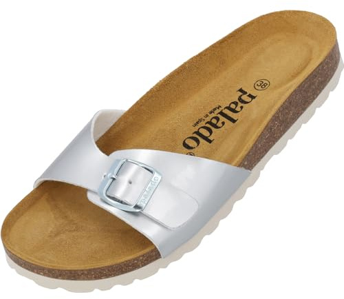 Palado Pantoletten Damen Malta Lack – Sandalen Made in Spain - elegante Hausschuhe mit Kork-Fußbett - modische Sommerschuhe Silber UK9 - EU42