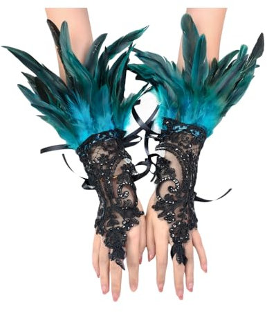 songyea Damen Feder Handschuhe, Vintage Spitzenhandschuhe, Gothic-Netzhandschuhe, Fingerlose Lange Handschuhe für Hochzeit Halloween Cosplay (See-Blau, Standard)