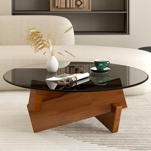 Table basse ronde avec plateau en verre trempé et pieds en bois massif, design industriel moderne, vintage, table basse pour salon, 80 cm (noir)