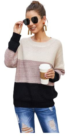 HEYPORK Damen Winter Warm Bequem Pullover Lässig Mode Strickjacke Strickpullover Frauen Lose Dreifarbige Patchwork Rundhals Langarm Strickwaren(A Grau, M)