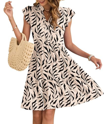 AUSELILY Women Summer Dress V Neck Ruffle Short Sleeve Ladies Dress Wrap Waist Casual Minidress with Pockets Apricot Black Leaf L