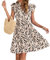 AUSELILY Women Summer Dress V Neck Ruffle Short Sleeve Ladies Dress Wrap Waist Casual Minidress with Pockets Apricot Black Leaf L