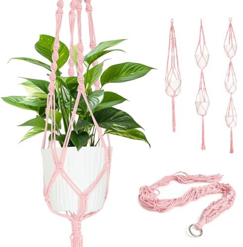 XXXFLOWER 3 Pack Macrame Plant Hanger Hanging Plant Pots Indoor Hanging Baskets Cotton Rope Hanging Flower Pots Plant Holder with Beads Boho Balcony Home Ceilings Decor Pink
