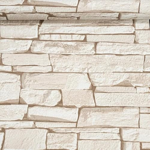 SOPHIE LAURENCE Beige Brick 3D Effect Rustic Vinyl Wallpaper | Paste The Wall, Washable Strippable, Perfect for Living Room, Bedroom - Straight Match Pattern Repeat Slightly Imperfect (Full Roll)